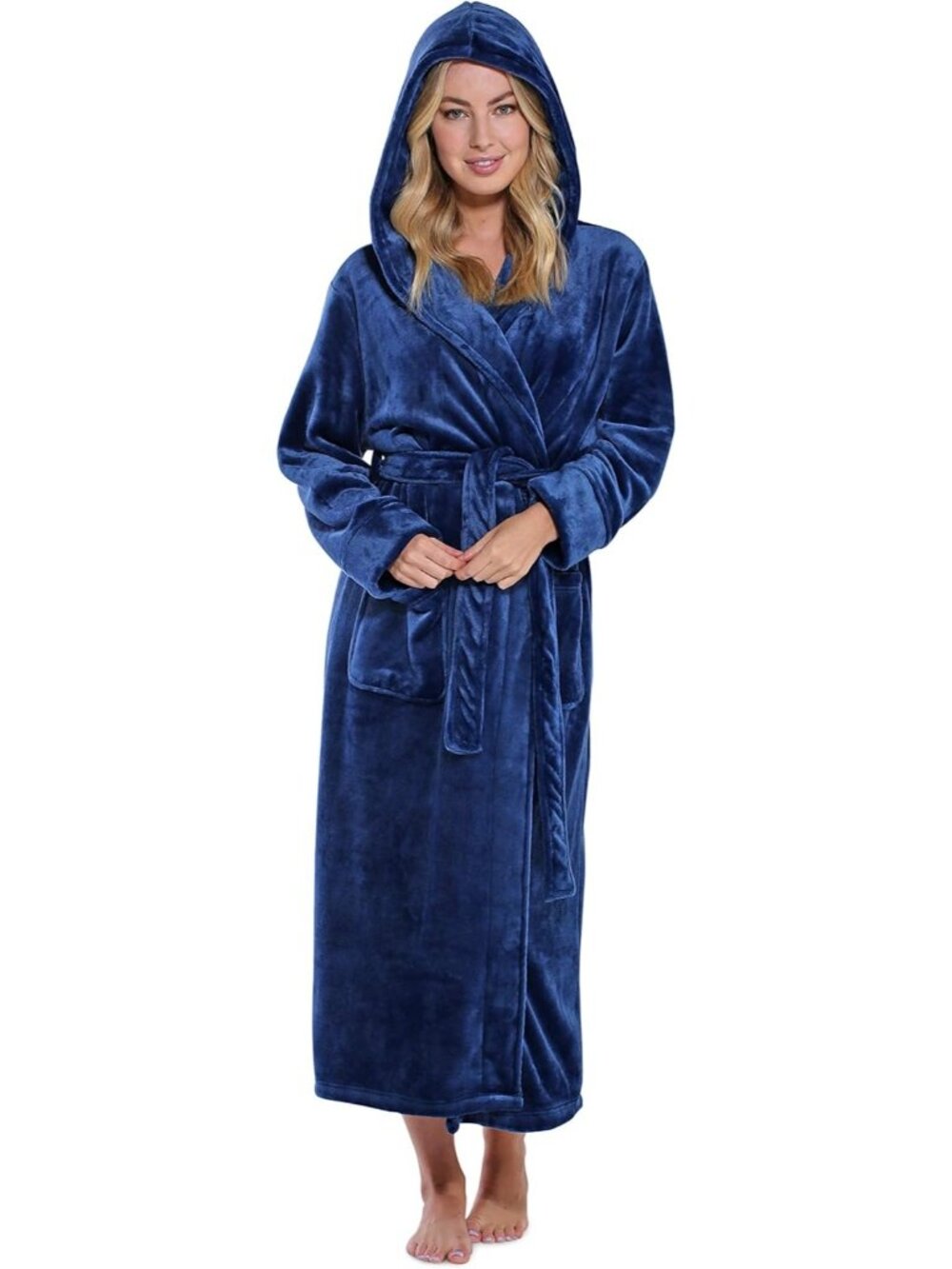 〽️Women's Bathrobe Navy Blue Hooded Oversized Luxury Warm Plush Fleece Robes